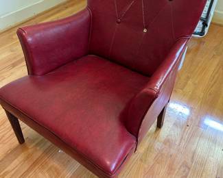 #61 Antique Red Leather w/Button Back on Wood Legs w/nailhead Trim (missing Button on back and seams) $65.00