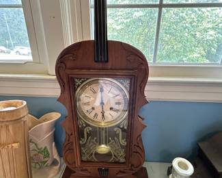 #67 Retro Walnut Violin w/pendulum Mantle Clock with key - 11x30 $125.00
