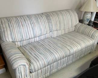#123 White/Burgandy/Slate Blue Strip Sofa Hide-a-Bed - You Move Out - 76" $40.00