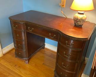 #33 Antique Curved Front Desk w/8 drawers (2 drawer pulls missing - 2 other drawer pulls not attached) - 45x23x30 $125.00