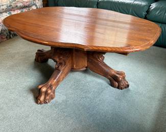 #81 Oak Oval Shaped Coffee Table w/Lions and Claw Feet - Heavy - 45x35x19 $75.00