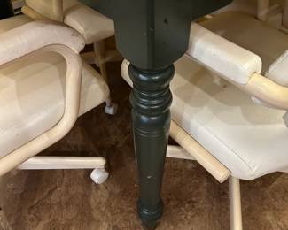 #99 Wood Butcher Block Table w/leaf and Green Painted Legs comes with 4 white ChromKraft White Vinyl Rolling Chairs - (as is condition of Chairs - Stained) - 54-82x42x31 $150.00