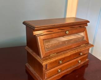 #36 Wood Jewelry Box 2 drawers and drop down glass and flip-up Mirror - Felt-lined - 11x6x9 $25.00