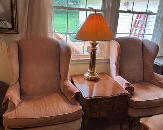 #6 Pembrook Pair of Matching Side Chairs Salmon Velvet - (one has small stain) $75.00