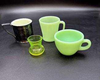 Mixed Mugs And Uranium Glass Mini Vase Featuring Fire-King Jadeite Mugs