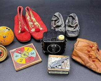 Vintage Camera, Shoes And Toys Featuring Kodak Baby Brownie Special Camera