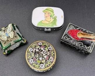 A Trio Of Rhinestone Embellished Trinket Boxes And One Pill Box
