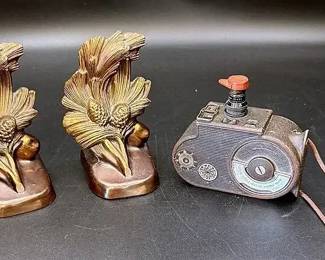 Vintage Bell & Howell Camera And Metal Rustic Finished Pinebough Bookends
