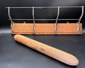 Vintage Wood Decor Featuring A Four Double Hook Cast Iron Hat Coat Rack