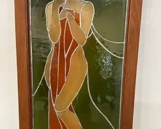 “Modesty; A Standing Woman Covered In A Sheet” Framed Stained Glass Panel