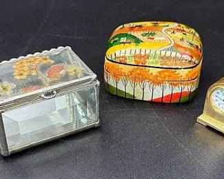 Mixed Media Treasure Boxes And A Mini Mantle Clock