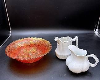 Vintage Glassware Featuring A Marigold Orange Carnival Glass Bowl Grape And Vine Pattern