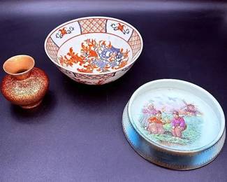 Vintage Victorian Baby Plate, Vintage Gimbels Asian Rice Bowl & A Small Archies Bud Vase