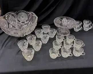 Punch Bowl With Pedestal And Numerous Cups