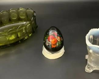 Vintage Glassware Featuring A MCM Fostoria Coin Glass Avocado Green Bowl