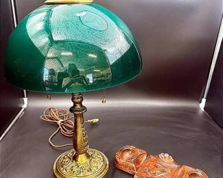 Brass Desk Lamp With Green Glass Hemisphere & Wood Double Pipe Holder