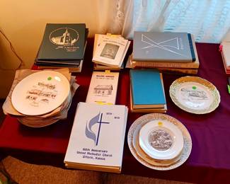 Local History Books & Commemorative Plates (Offerle, Belpre, Kansas) Tags: Offerle Kansas Centennial plate, church history books, Fort Hays State College yearbook, Zion Lutheran Church history, Belpre Kansas history booklet, United Methodist Church anniversary, commemorative collector plates, Kinsley Kansas plate A true local history collection, ideal for genealogy researchers and Kansas history buffs: St. Mary’s Church (Hodgeman County) 1904–1997 history book, Zion Lutheran Church of Offerle 1878–1978 booklet, a Fort Hays Kansas State College 1962 yearbook (“Dragon’s Tale”), Belpre, Kansas: The Story of a Small Town, and the 100th Anniversary United Methodist Church, Offerle, Kansas (1879–1979) booklet. Paired with them, an Offerle Centennial (1876–1976) commemorative plate set and gold-rimmed Kinsley, Kansas centennial plates (“From Prairie to People”) — wonderful keepsakes for anyone with roots in this part of Kansas.