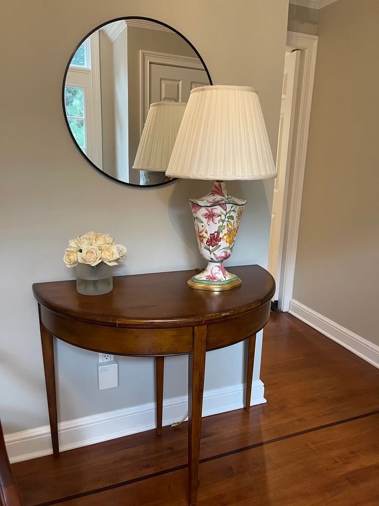 Demi Lune, Tilt Top Table, Ceramic Lamp, Faux Arrangement, Round Mirror