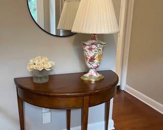 Demi Lune, Tilt Top Table, Ceramic Lamp, Faux Arrangement, Round Mirror