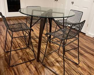 Hightop table and chairs, wire chairs, glass high top