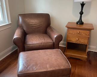 Leather Chair and Ottoman, Leather Chair, Table Lamp, Side Table