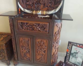 Mid-Century Asian Hand-Carved Camphor Wood Dry Bar Cabinet