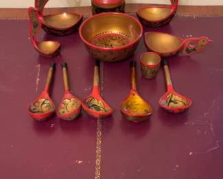 Vintage Russian Khokhloma Hand-Painted Wooden Serving Set