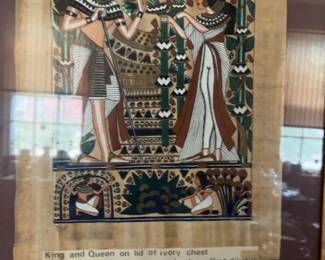 Framed Egyptian Papyrus Art - King and Queen on Lid of Ivory Chest