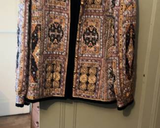 Catherine Gerard. Vintage Quilted Tapestry Print Jacket with Velvet Trim