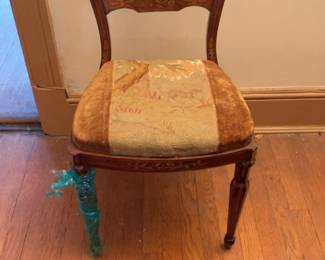 Antique Italian Inlaid Wood Dining Chair with Tapestry Seat