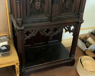 Antique Gothic Revival Carved Oak Credence Cabinet