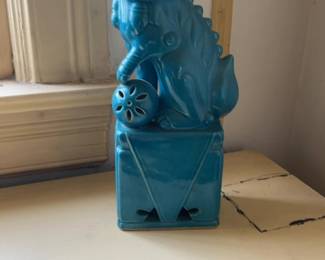 Vintage Turquoise Glazed Ceramic Foo Dog Guardian Lion Statue