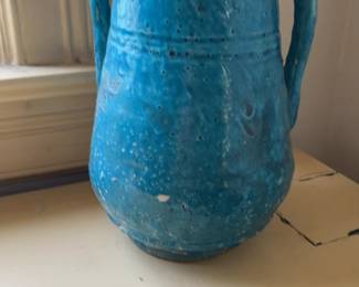 Rustic Turquoise Glazed Ceramic Vase with Handles