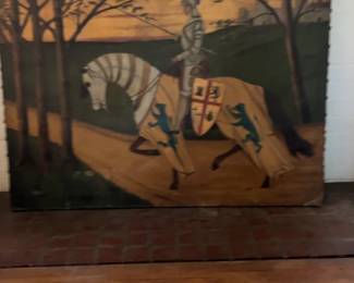 Vintage Medieval Knight on Horseback Oil Painting