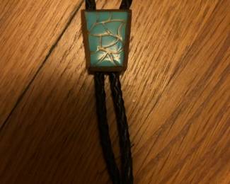  Native American Zuni Sterling Silver Turquoise Inlaid Handmade Vintage Bolo Tie ELB
