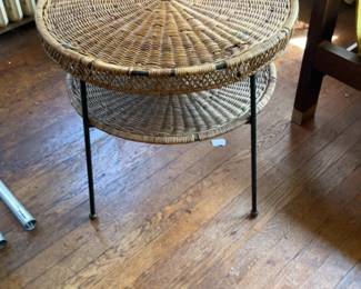 Vintage Boho Round Wicker Side Table with Lower Shelf