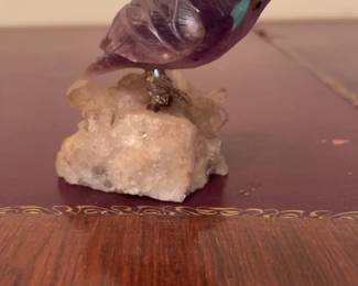 Hand-Carved Amethyst Owl Figurine on Quartz Cluster Base