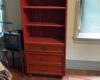 Vintage Red Faux Bamboo Hutch with Lattice Details