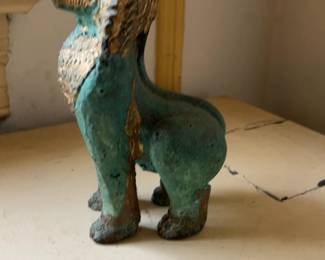 Vintage Gilded Verdigris Foo Dog Guardian Statue