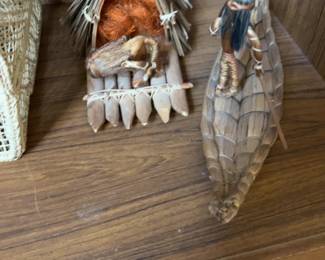 Vintage Handcrafted Native American Straw and Wood Figures, canoes, and hut