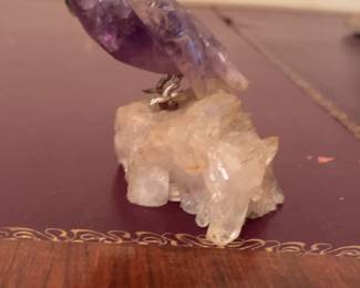 Hand-Carved Amethyst Owl Figurine on Quartz Cluster Base