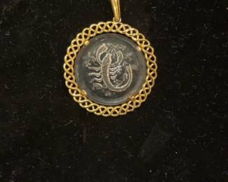 Vintage Scorpio Zodiac Scorpion Intaglio Pendant in Gold Tone Frame