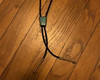  Native American Zuni Sterling Silver Turquoise Inlaid Handmade Vintage Bolo Tie ELB