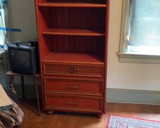 Vintage Red Faux Bamboo Hutch with Lattice Details