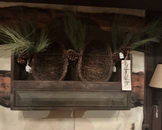 Rustic Wall Shelf with Woven Baskets and Pine Cones