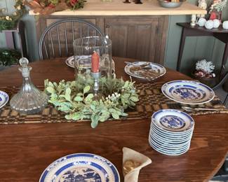 Blue Willow Pattern China Plates, Amber Glassware, and Crystal Decanter Set
