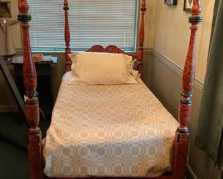 Antique Painted Four-Poster Bed with Carved Posts - Twin Size