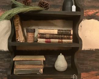 Primitive Black Wooden Wall Shelf with Decorative Items