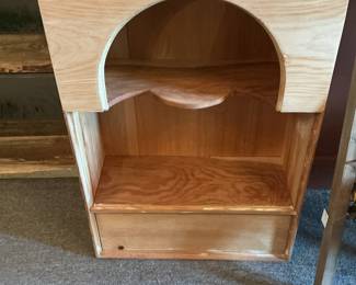 Unfinished Pine Display Shelf with Arched Top and Drawer