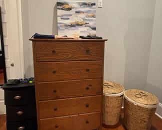 Dresser, storage racks and laundry baskets